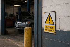 Garage with a Caution sign